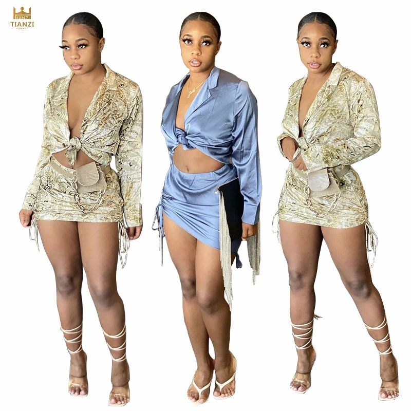

M5879 - women new fashion long sleeve crop top and skirt printed 2 piece set