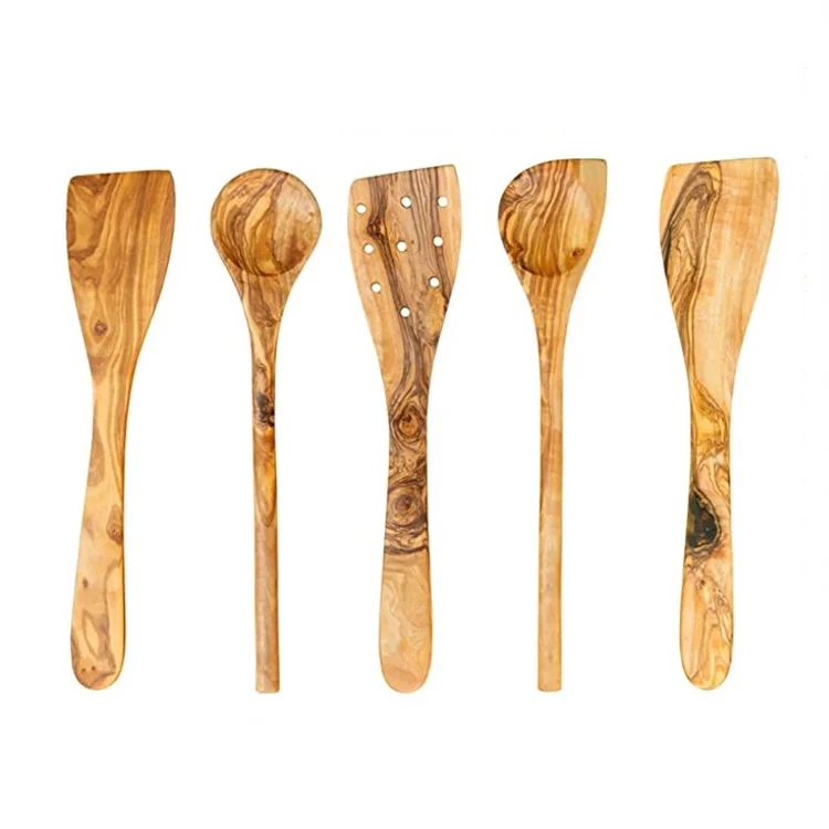 

Olive Wood Utensil Set 5 Piece Spatula and Spoon, 12 Inch Luxury Kitchen with Gift Box, Natural