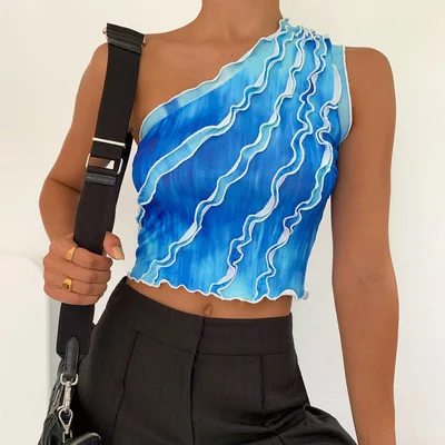 

2021 Summer One Shoulder Ruffle Tie Dye Crop Top T-shirt Women