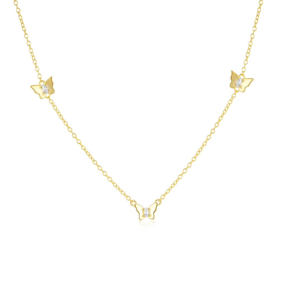 Fashion Jewelry Necklace 925 Sterling Silver butterfly Zircon Charm Necklace Three Butterflies Gold Plated Necklace Women