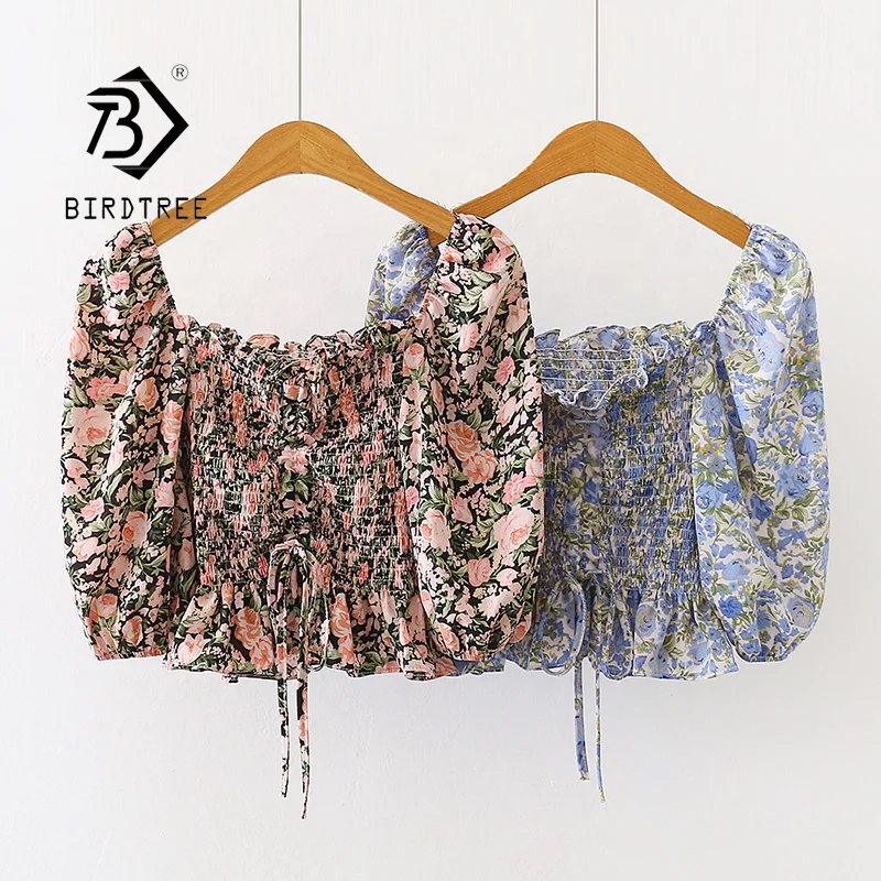 

Blouse Women Crop Tops Slim Puff Sleeve Summer Casual Floral Printed Women's Shirt with Drawstring T07014B