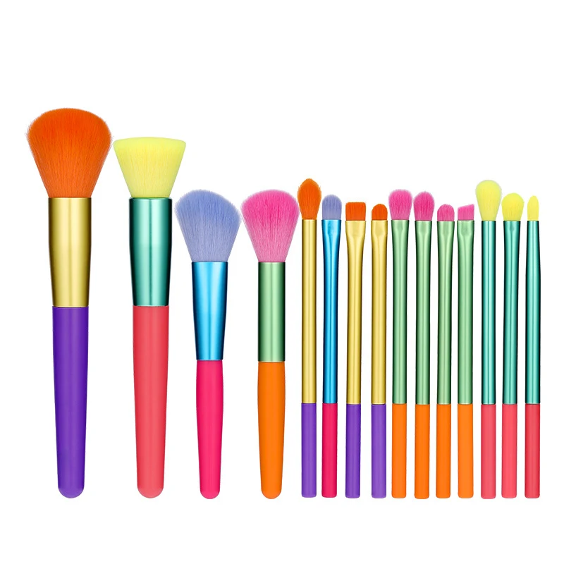 

High quality custom logo 15pcs wholesale rainbow blend colorful color makeuo 15 mekup manufacture eye luxury makeup brush set, Gold/pink/blue/purple/brown/white