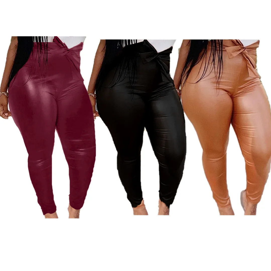 

2021 Fall Winter Ladies Plus Size Pants Women Trouser Casual Skinny High Waist Leather Pants, Picture color