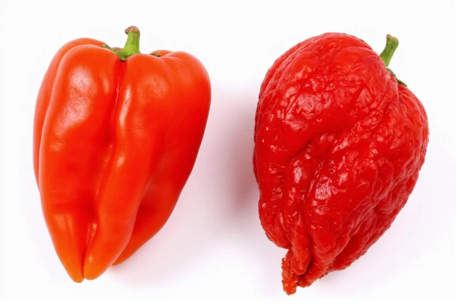 Side-by-side comparison of red Trinidad Moruga Scorpion and Carolina Reaper peppers showing textural and shape differences