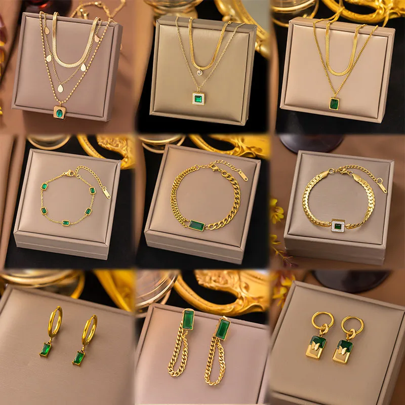 Fashion Gold Cuban Chain Stainless Steel Women's Necklace Earrings Bracelet Luxury Emerald Multi layered Jewelry Set