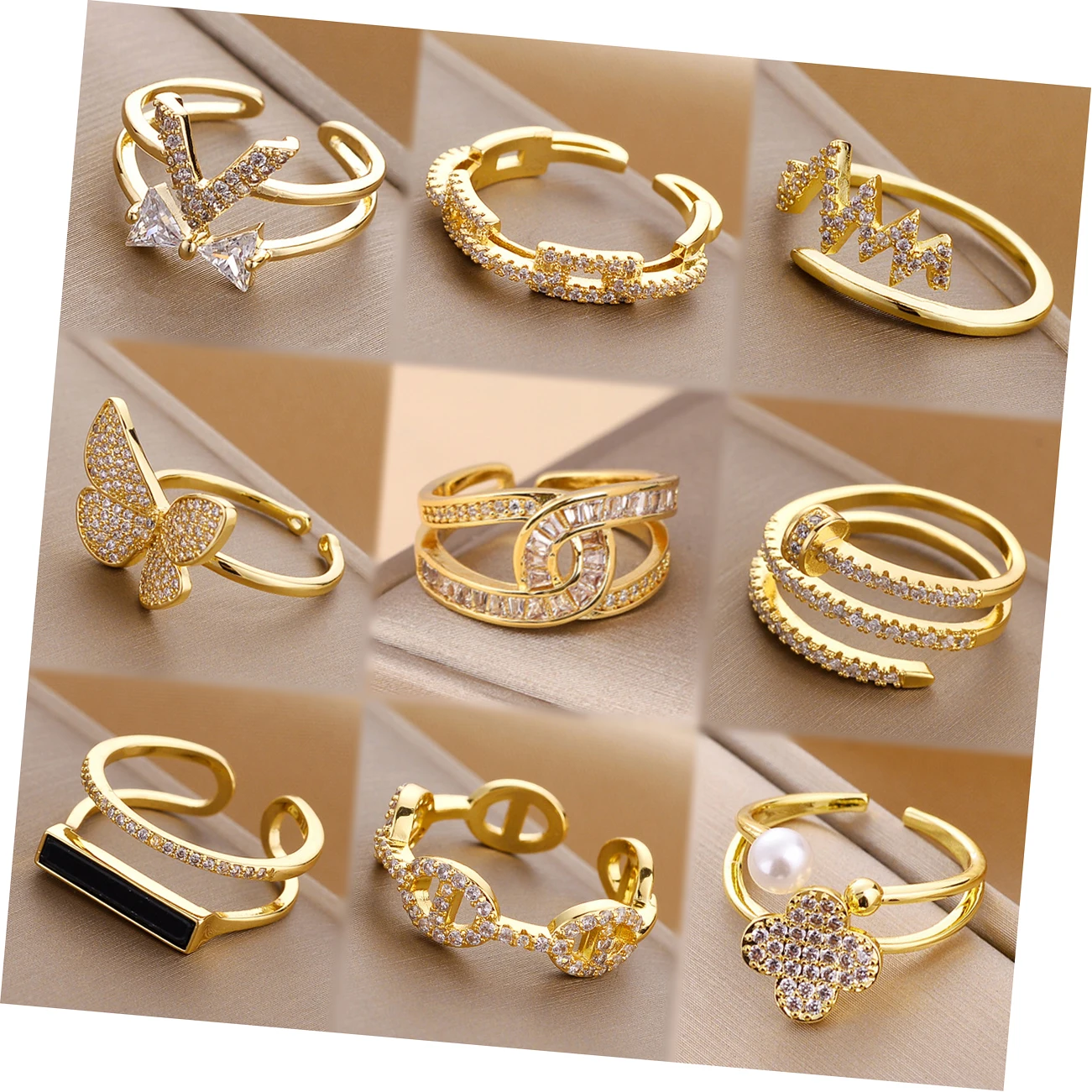 

Luxury Adjustable 18k Gold Pearl Zircon Heart Butterfly Finger Ring Women Open Shiny Cz Snake Letter Knuckle Rings
