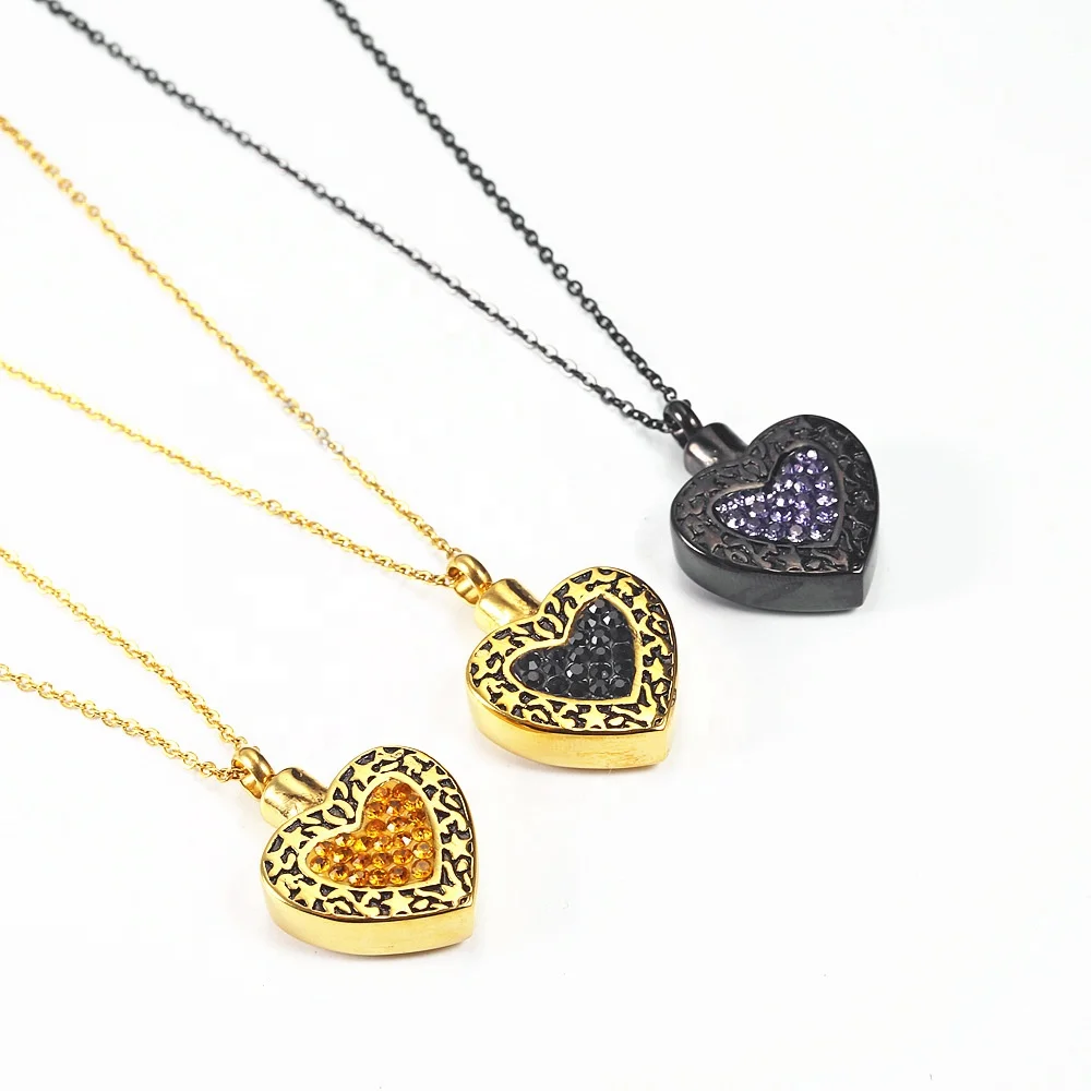 

Titanium steel heart shaped diamond ashes urn necklace, Silver