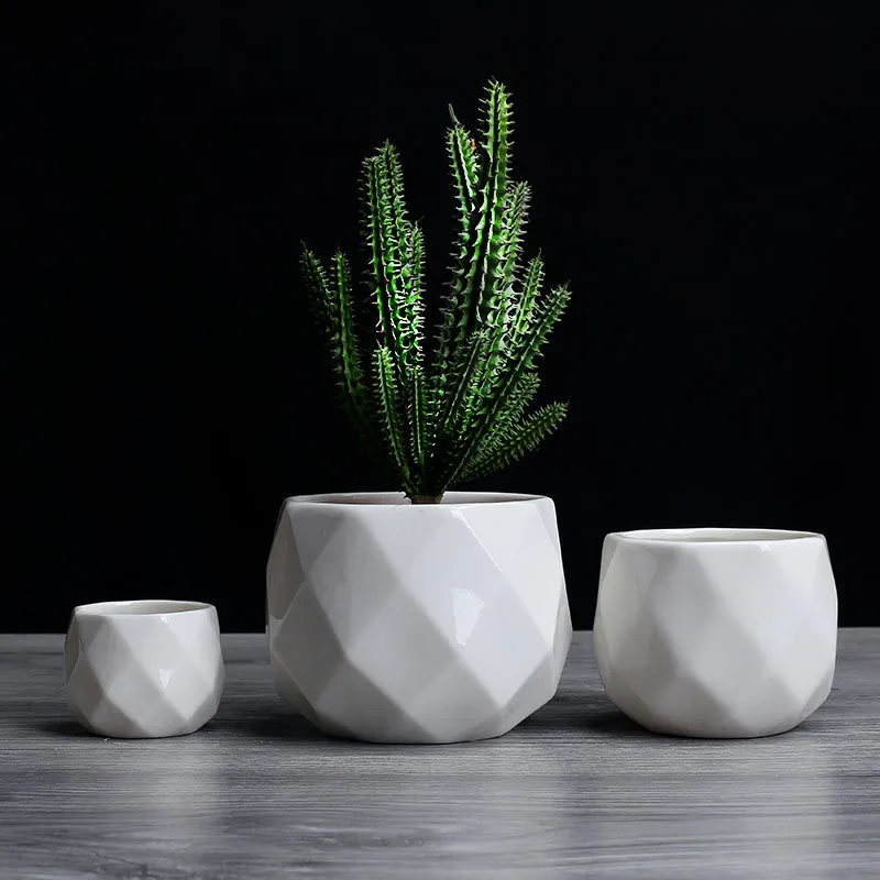 

Creative Ceramic Diamond Geometric Flowerpot Simple Succulent Plant Container Green Planters Small Bonsai Pots Home Decoration, White