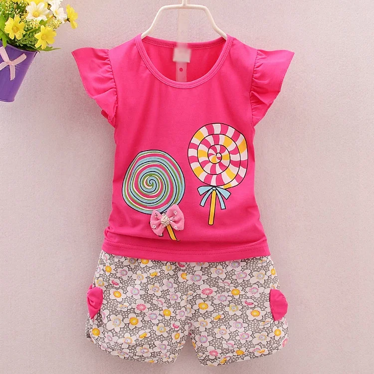 

Girls 2piece/set Toddler Kids Baby Bowknot Outfits Summer T-shirt Tops+Short Pants Clothing Set baby girl summer clothes, 4 colors as pictures