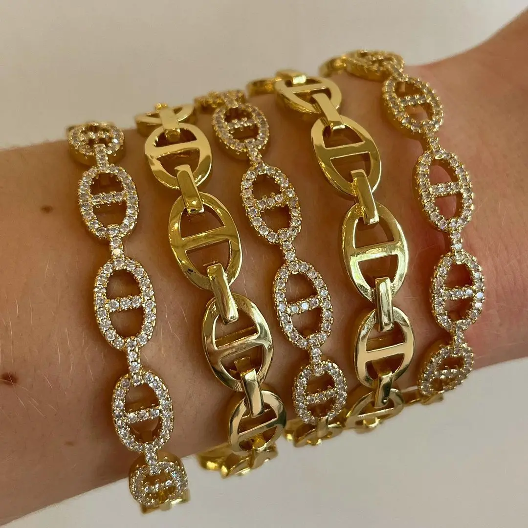 

Hip Hop Iced Out Cubic Zirconia Coffee Beans Link Bracelet Opening Gold Plated Diamond Eternity Link Bangle Bracelet For Women