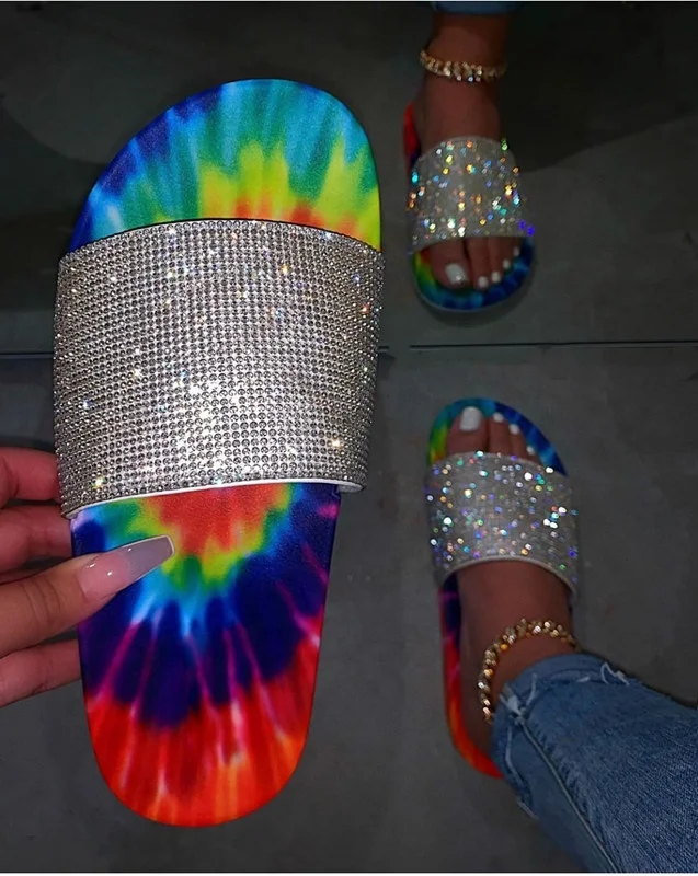 

HOT SALE WOMEN LADY RHINESTONE TIE DYE RAINBOW CRYSTAL DIAMOND COLORFUL BEACH HOME OUTDOOR SANDALS SLIDES SLIPPERS, As picture show
