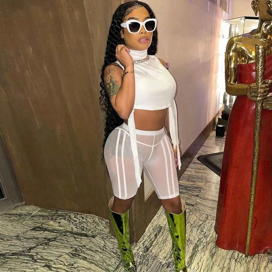 

2021 Summer Women Clothing Sexy Mesh Crop Top Sleeveless Bandages Patchwork Ribbed Outfits Womens Two Piece Sets, Customized color