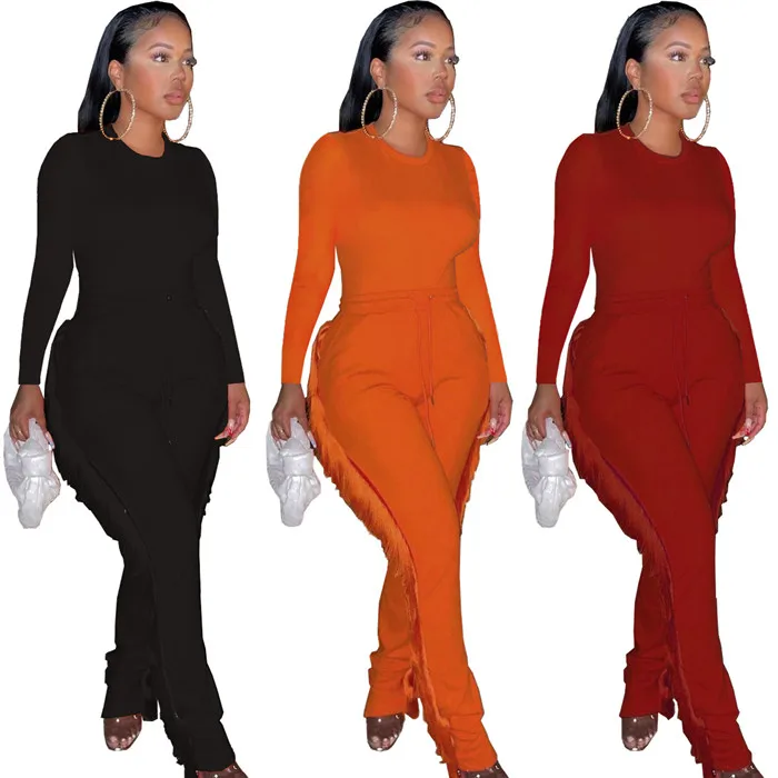 

F8656-2022 fashion solid color tassel knit set women clothing casual suits set for women, Picture color