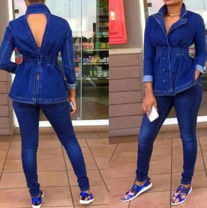 hb7295a 2020 new collection African women's denim outfits hot sell stretch jeans top two-piece
