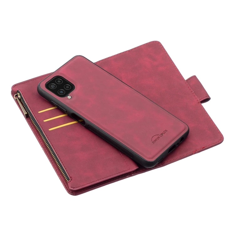 

Fashion Red Design For Samsung Galaxy A12 Skin Feel Detachable Magnetic Zipper Horizontal Flip PU Leather Case