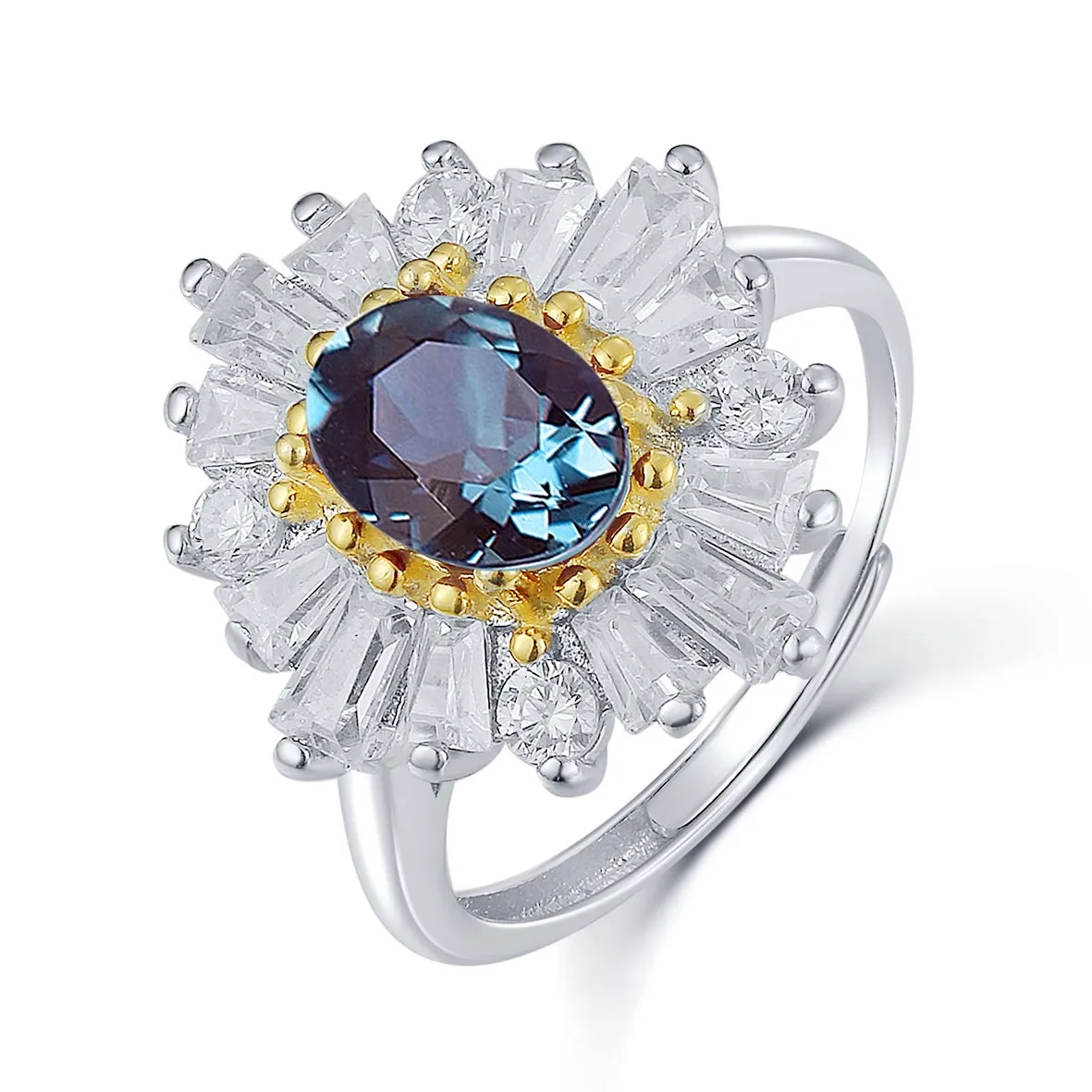 

925 Sterling Silver with Color Changing Alexandrite and White CZ Halo Ring for Women Engagement Wedding