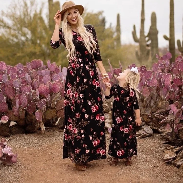 

R9 2021 New mother daughter parent child dress long sleeve flower print swimwear dress