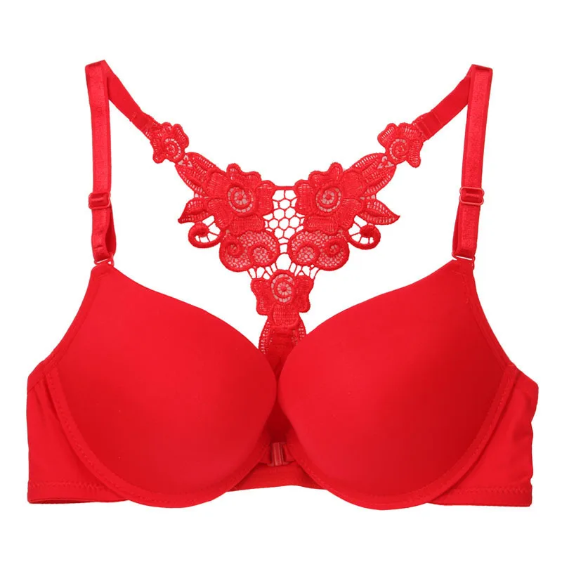 Women Sexy Back Lace Front Closure Bra Seamless Push Up Adjusted-straps ...