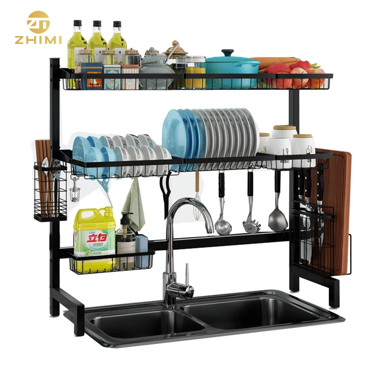 

201 Two Tiers Stainless Steel Over the Sink Kitchen Dish Drying Rack Large Dish Rack (Black)