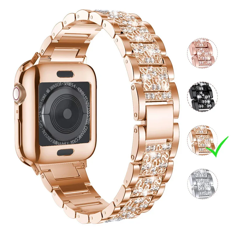 

Women fashion design sparkle glittle bling diamond three beads stainless steel band strap for Apple Watch