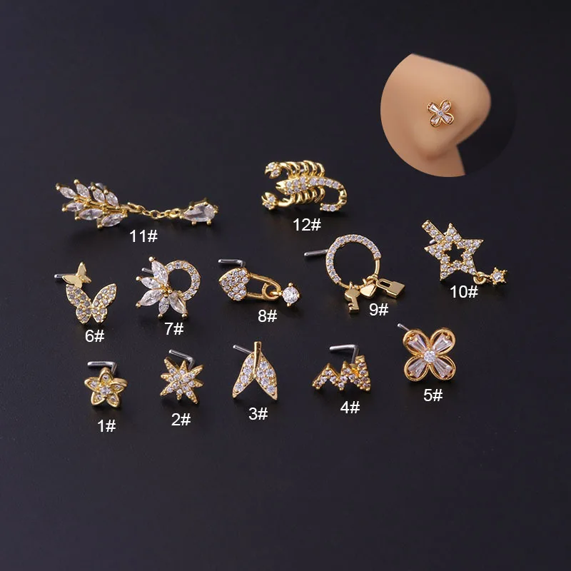 

Dropshipping Wholesale 2022 New Fashion Gold Nose Piercing Jewelry Surgical Steel L Shape Screw Nose Studs CZ Scorpion Nose Ring