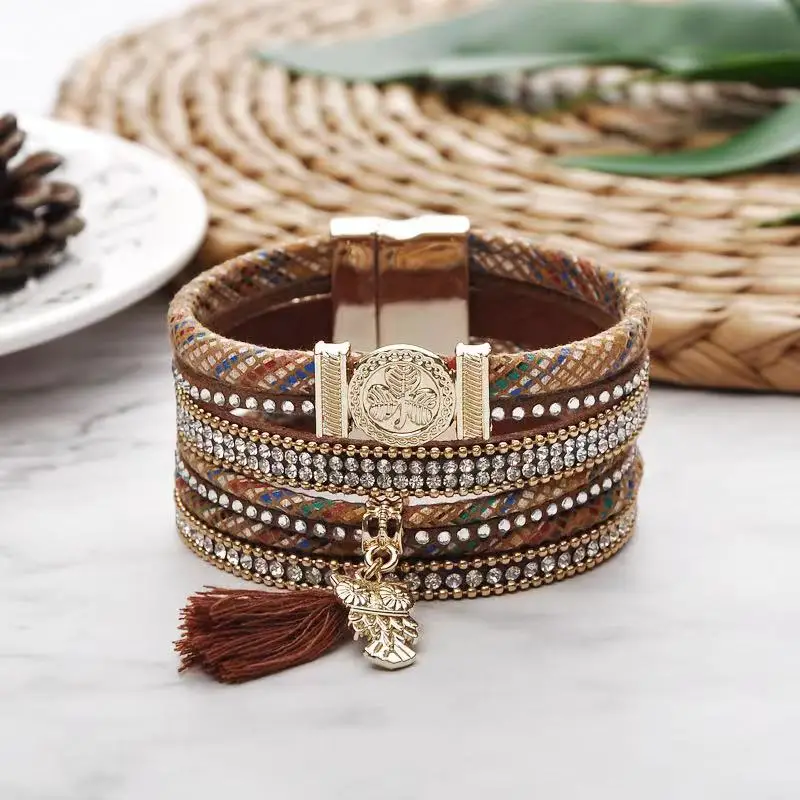 

New multi-layer owl tassels colorful bangles magnetic buckle rope braided women leather bracelet, 5 colors