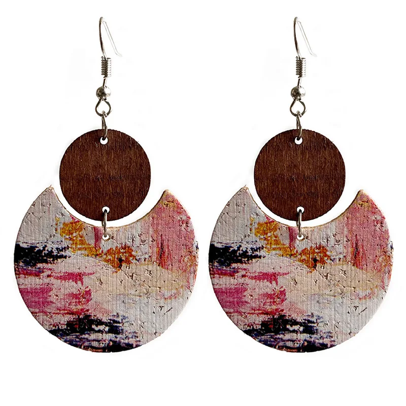 

European American Style Art Painting Aesthetics Earrings Exaggerated Texture Gift Jewelry Stitching Leather Wood Earrings