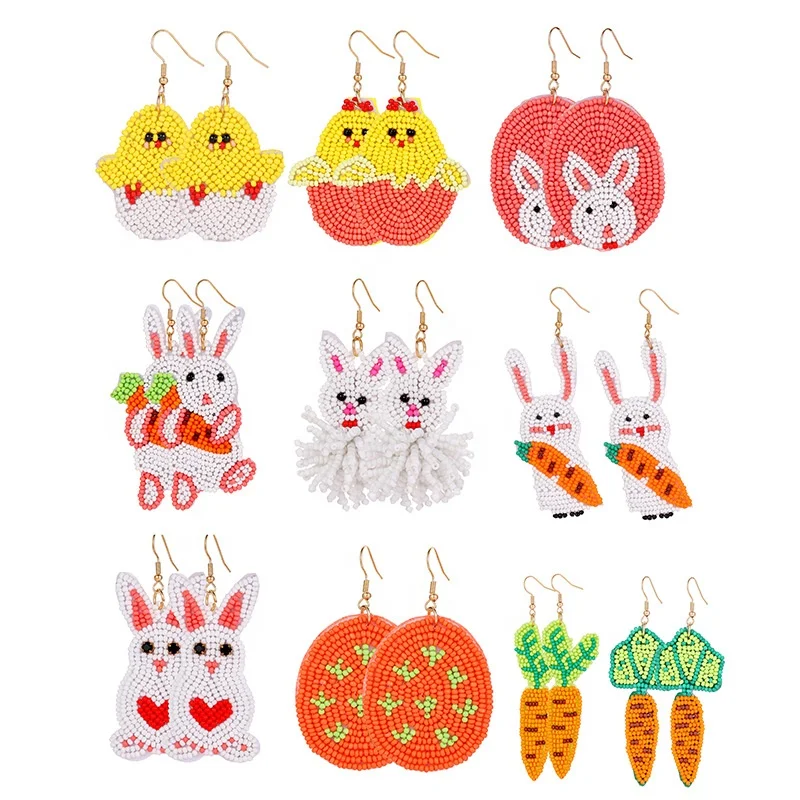 

2021 Amazon Hot Selling Easter Earrings Original Rabbit Radish Chick Seed Bead Earrings Handmade