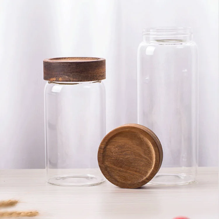 

Acacia screw lid glass spice jar set and high borosilicate glass container jars, Transparent