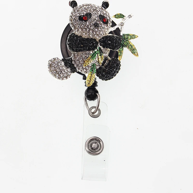 

Sparkle Rhinestone Enamel Animal Panda Holding the Bamboo Retractable Badge Reel For Hospital Workers Accessories Badge Holder, As picture