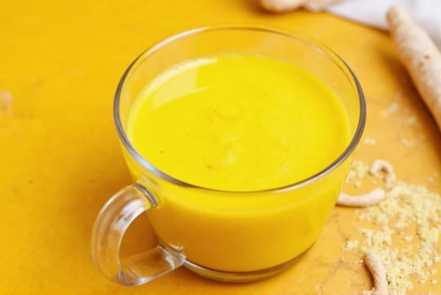 Turmeric golden milk in a ceramic mug with spices arranged beside it