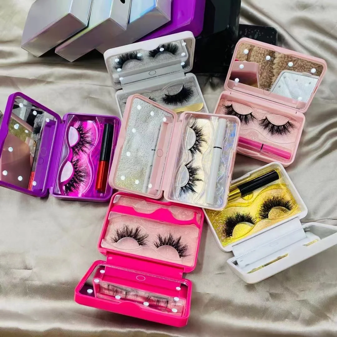 

real mink eyelashes led light mirror eyelash case replace battery customized logo lashes package private design, Black