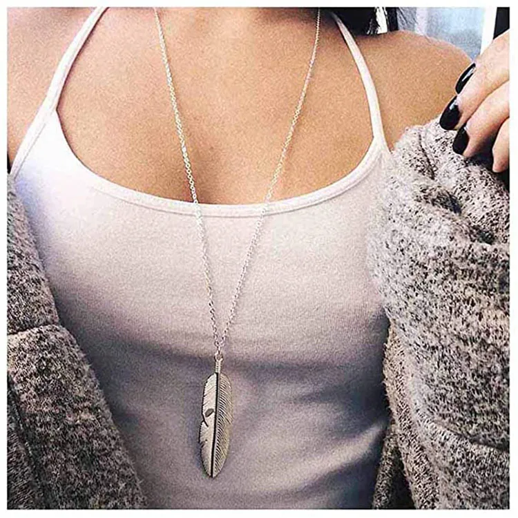 

Fashion Feather Pendant Necklace Gold Necklace Long Leaf Necklace for Women, Gold color