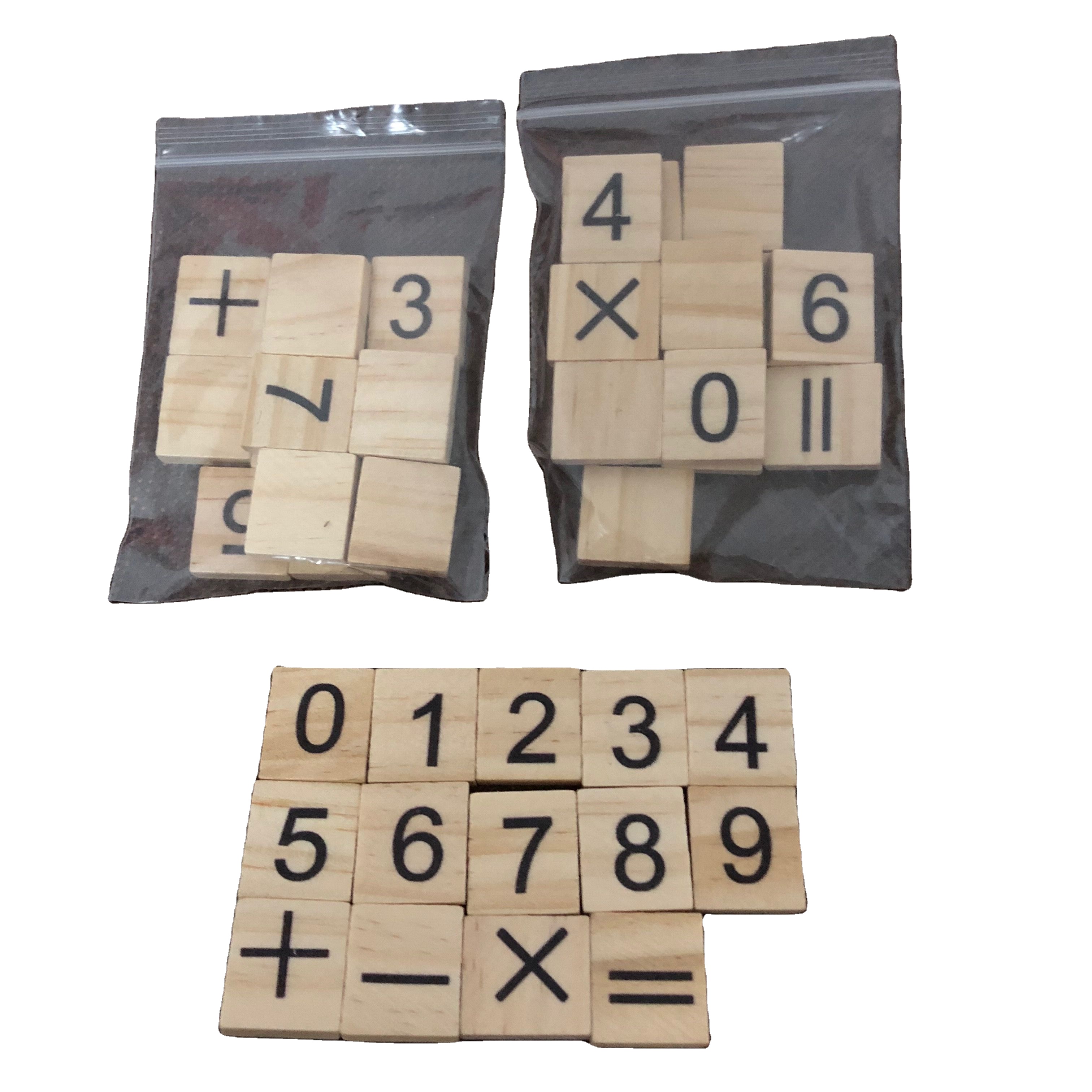
OEM wooden square with 0 9 and the math symbols pine wood child toy educational block tile wood Numbers 