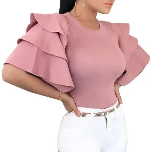 

2021 New Design Summer Woman Top Wearing Women Ruffle Sleeve O neck T Shirt