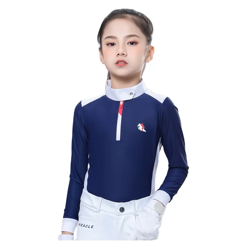 

In Stock Kid's equestrian long sleeves T-shirt riding Polo Shirt ,children's quick drying riding suit