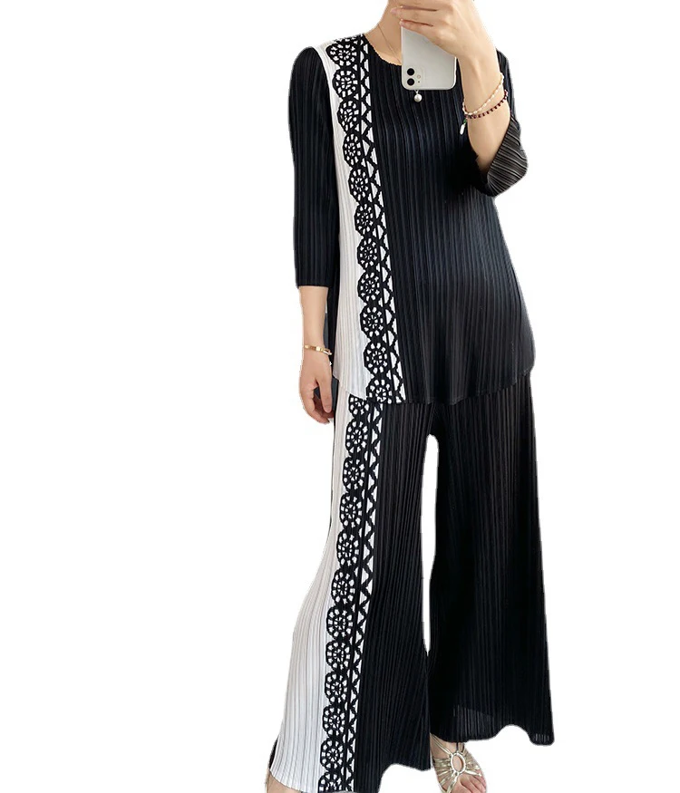 

2021Summer New fashion casual loose ladies pleated suit wide leg pants two-piece set