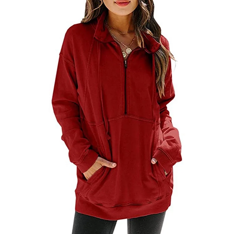 

Rummandy Fall Winter Women Clothing Kangaroo Pocket Half Zipper Long Sleeve Solid Color Casual Top Hoodie, Customized color