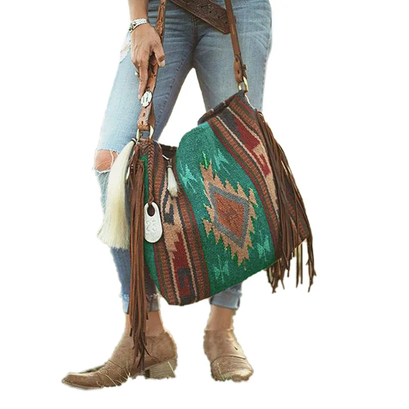 

Western Girl Vintage Aztec Fringe Tote Bag, As picture