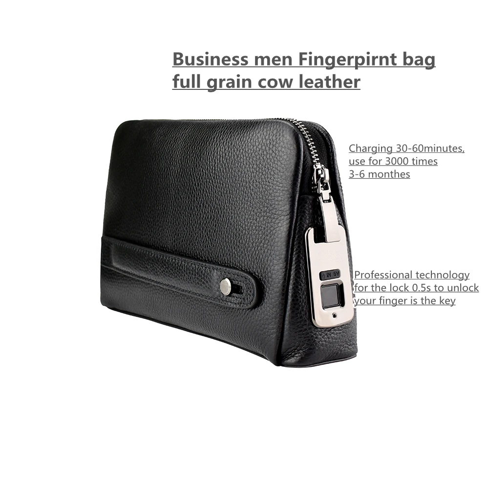 

With Smart Lock Usb Charge with Zip Unlock by Fingerprint Handbag Male Business Bags Made by GENUINE Leather Fashion Men Black