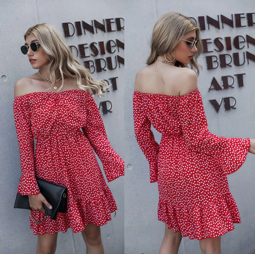 

Spring and Summer boutique women's long sleeve cotton dress ladies cloths dress woman fashion a line shoulder lady dress, Showed