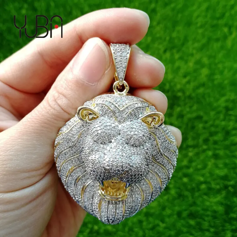 

Hip Hop Iced Out Lion Pendant Gold Plated Lab Diamond Necklace with Rope Chain for Men Women