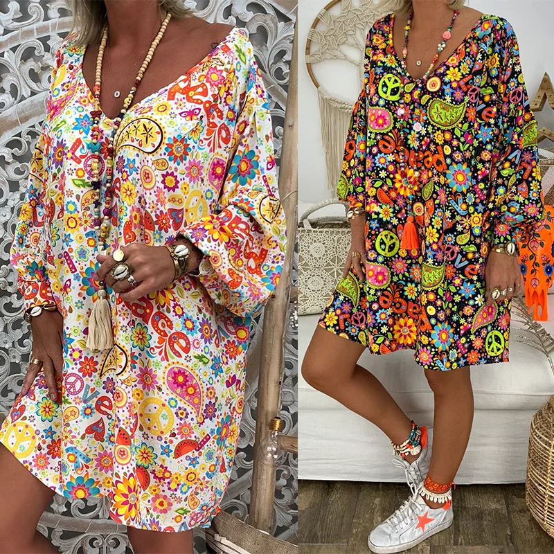 

Ecowalson 2022 New Summer Women Loose Dresses Casual V Neck Long Sleeved Dress T-Shirts Plus Size S-5XL