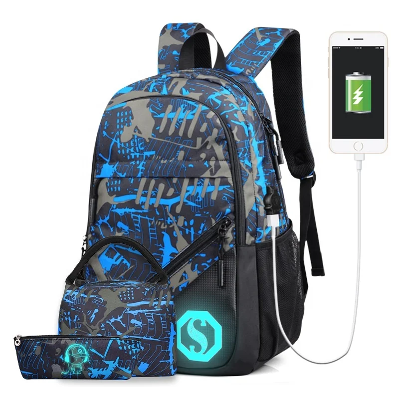 

hot selling school backpack set 3 pcs bag for boys purses and lunch bag children waterproof back pack with usb charging