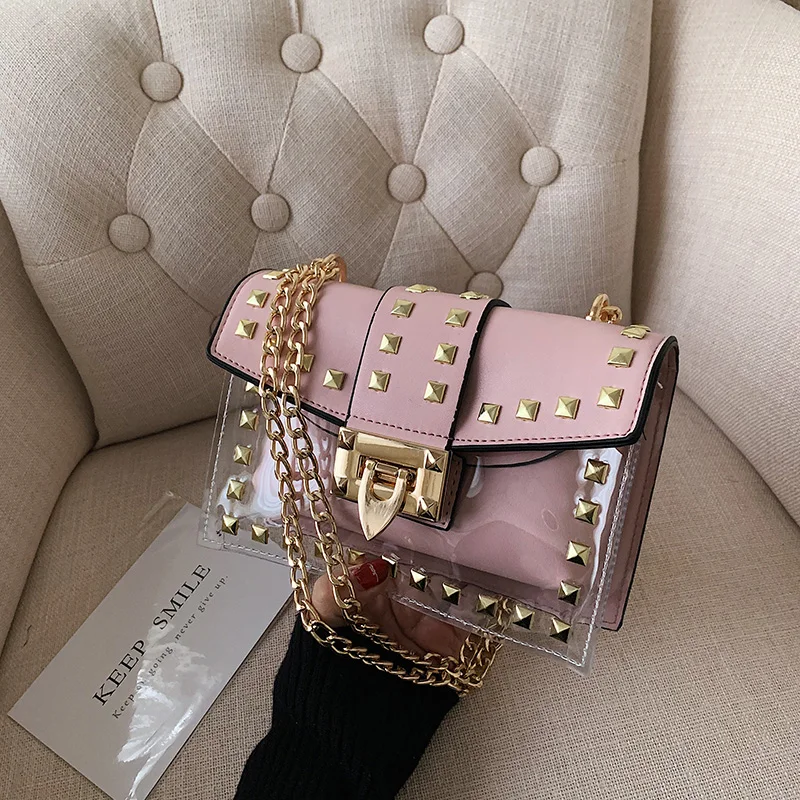 

summer fashion women pvc hand bag with rivet and clear chain jelly bag handbag, Six colors bag for choose
