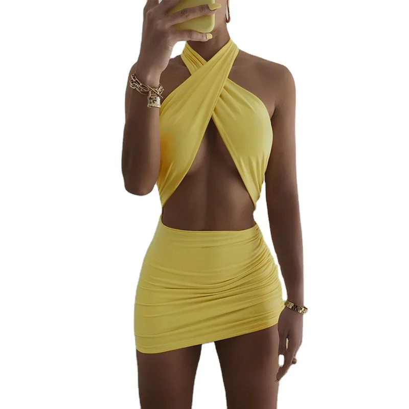 

2021 new arrivals summer sexy clothing sleeveless crop bodycon drawstring halter vest top mini dress for women, Black, yellow, green,brown,orange,khaki