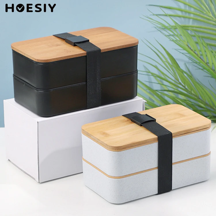 

BPA-Free 2 Layer Wooden Lid Bento Lunch Box Bamboo Fiber Lunch Box Kids Adult Office School Divided Food Storage Wood Lunch Box, Black;white