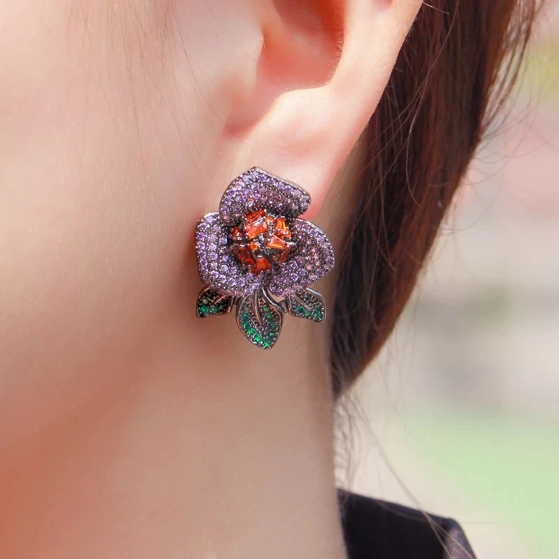Geometric Beautiful Big Flower Purple Red Cubic Zirconia Pave Stud Earrings for Women Luxury CZ Wedding Bridal Jewelry