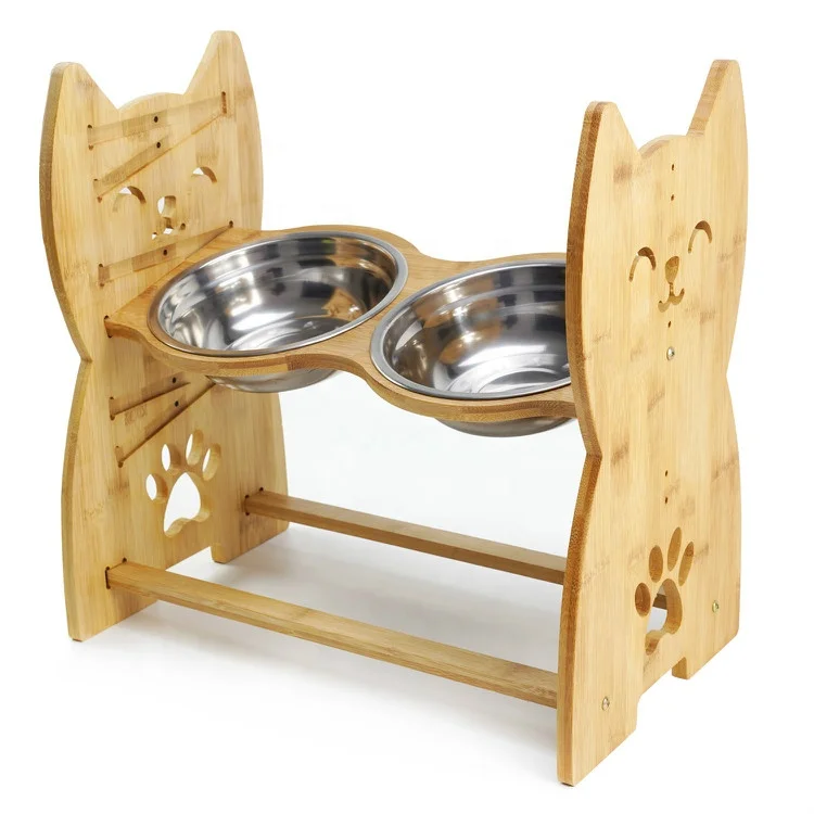 

Adjustable Tilted Framed Raised Double Stainless Steel Bamboo Elevated Slant Dog Bowls Tall Alleviate Pets Neck and Joint Stress, Khaki