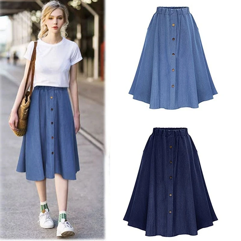 

Fashion Korean Preppy Style Denim Skirts Women Solid Color Long Skirt Nature Waist Female Big Hem Casual Button Jean Skirt